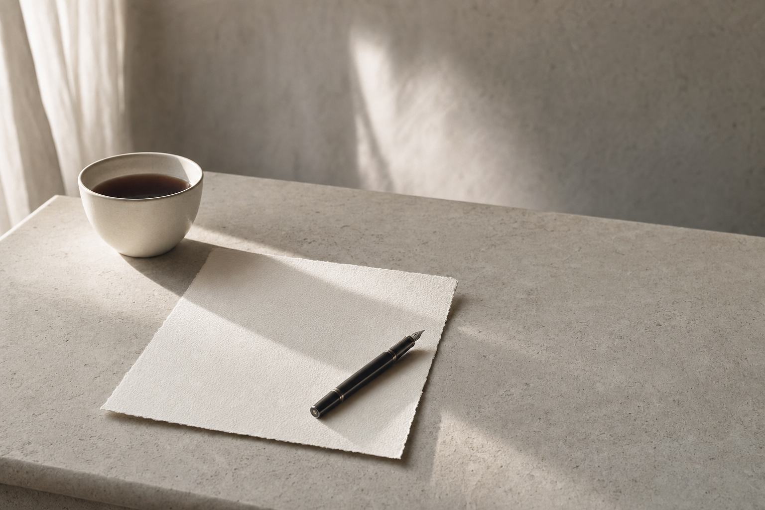 A sheet of heavy ivory paper and a fountain pen on a pale limestone table in raking morning light.