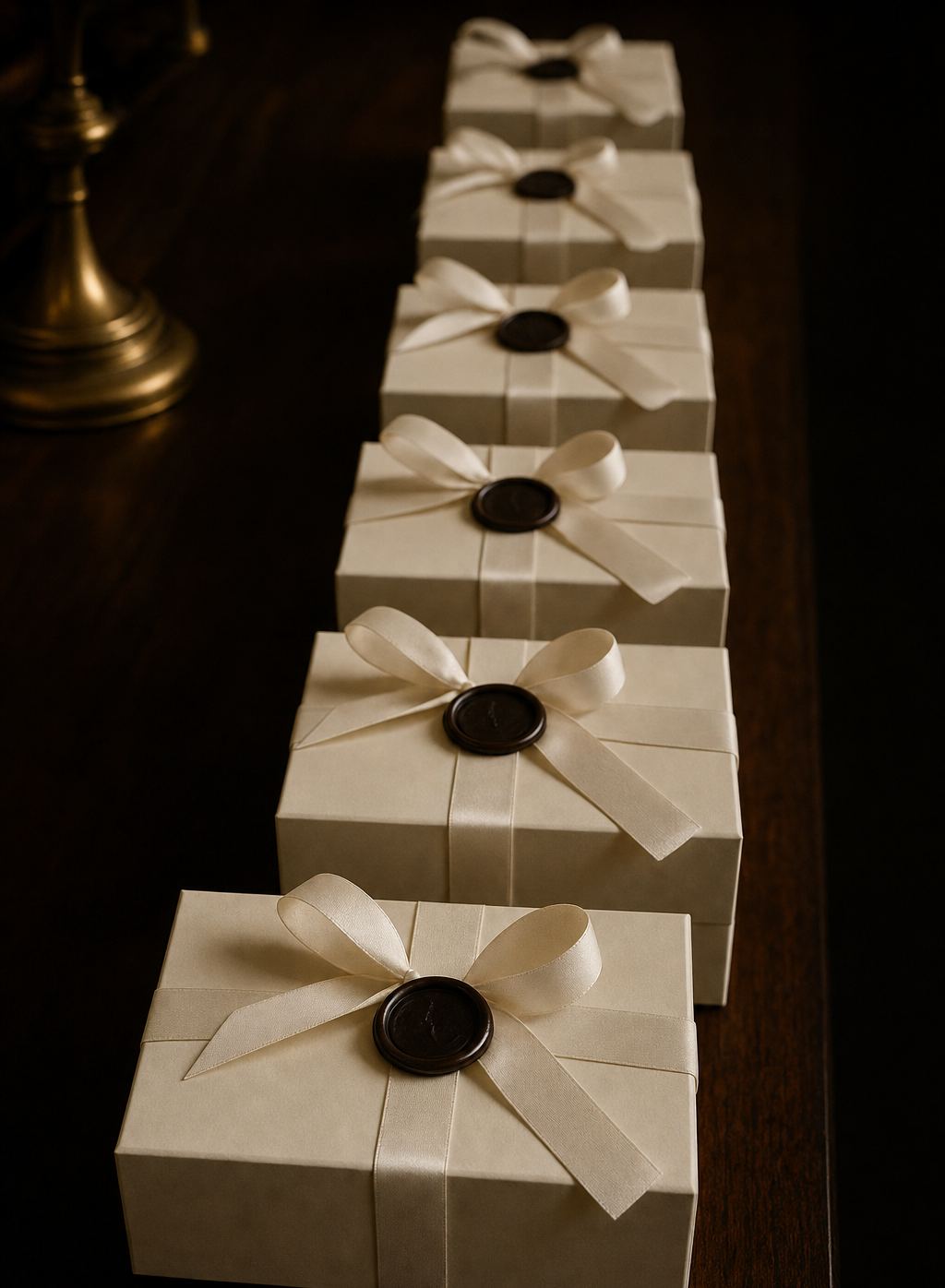 A receding row of identically wrapped ivory gift boxes tied with silk ribbon and wax seals on a dark walnut table.