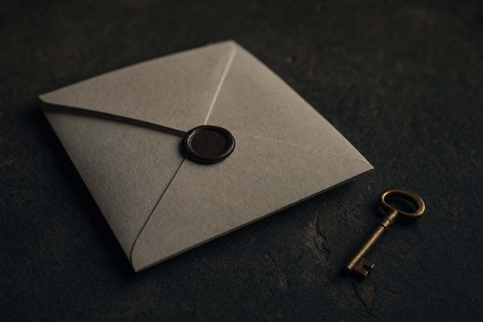 A wax-sealed ivory envelope and a small brass key on a dark stone surface in low light.