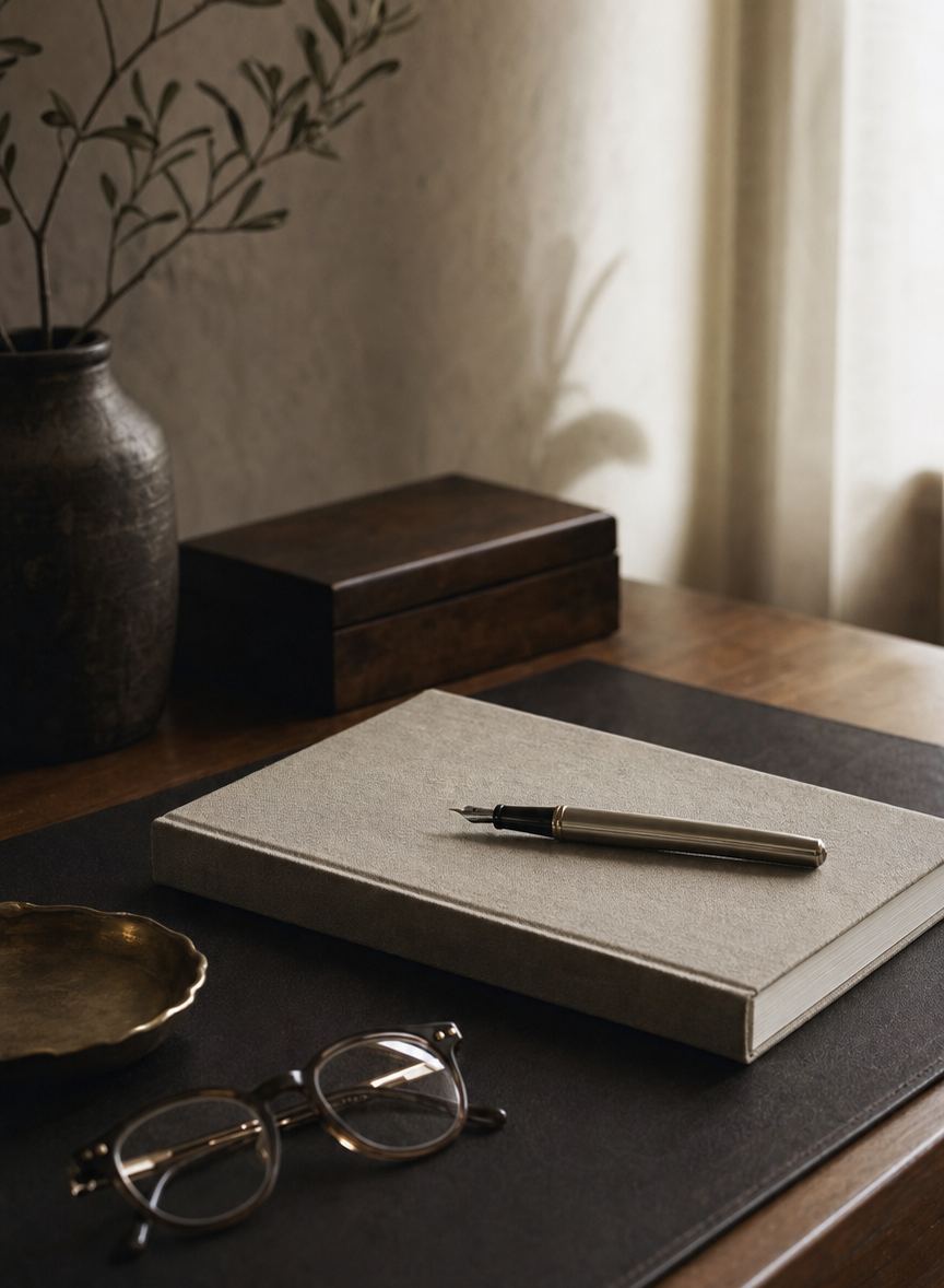 A private study desk with a leather blotter, closed notebook, fountain pen and reading glasses.