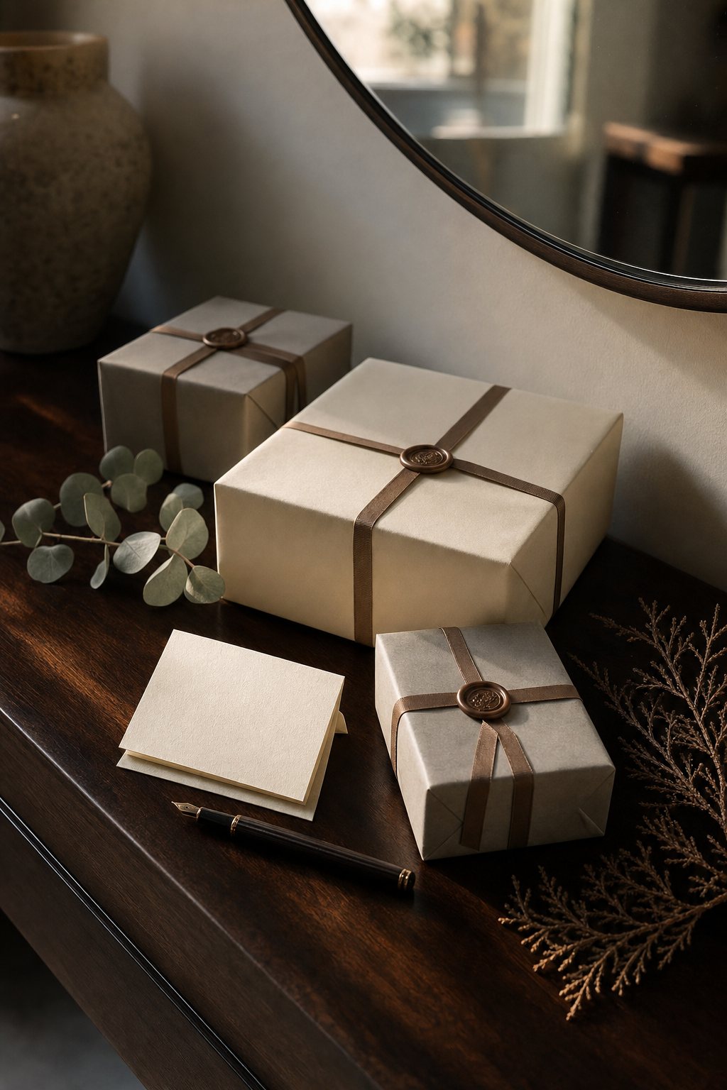 Three gifts wrapped in ivory and stone paper, tied with bronze silk ribbon and closed with wax seals, on a walnut console beside a blank note card and fountain pen.