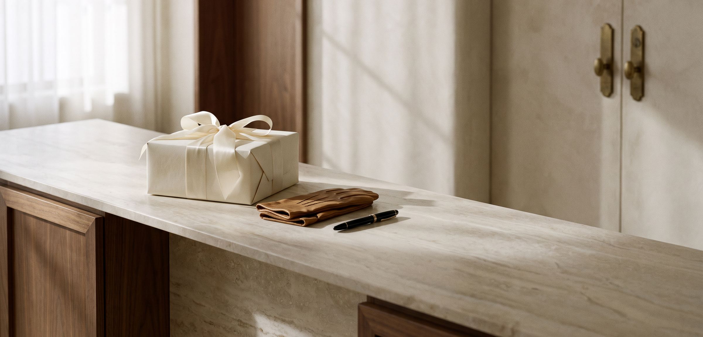 A wrapped gift box tied with silk ribbon on a marble console beside leather gloves and a fountain pen, lit by a distant window.