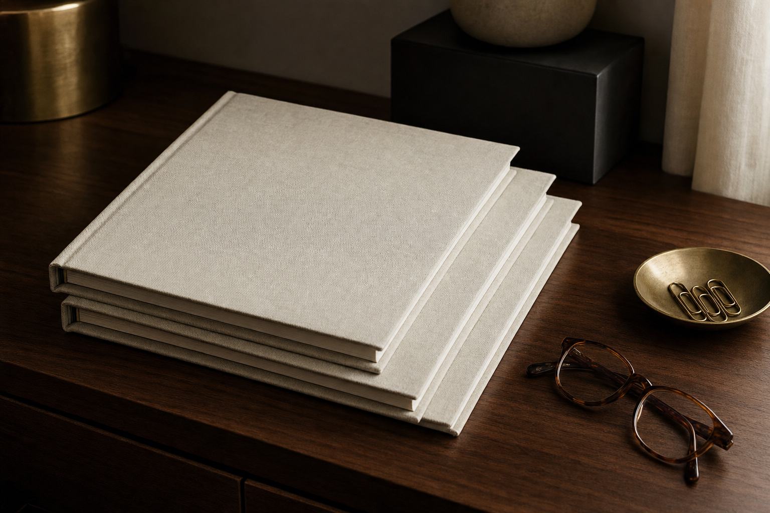 Three ivory linen-covered folders stacked on a walnut desk beside a brass dish and reading glasses.