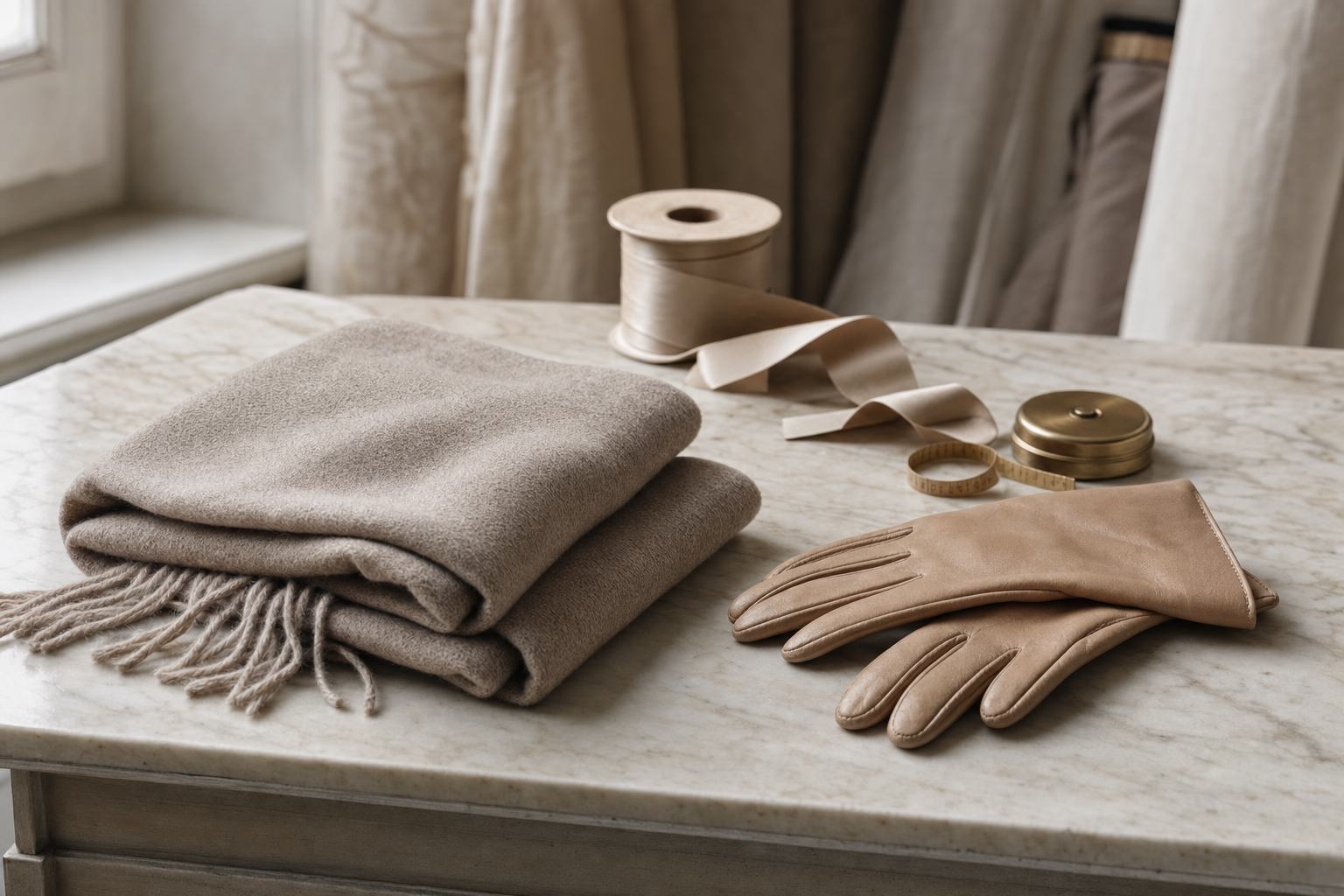 A folded cashmere scarf, leather gloves, a spool of silk ribbon and a brass measure on a pale marble counter in soft window light.